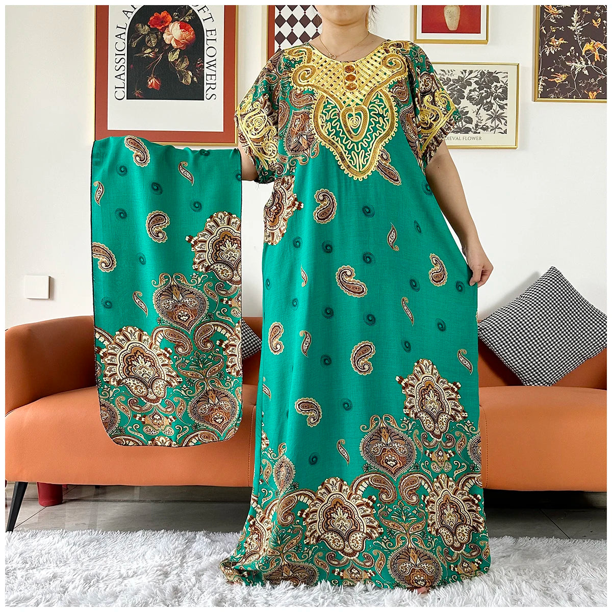 2 Pieces African Dashiki Floral Printing Loose Cotton Caftan Lady Summer Maxi Casual Dresses With Scarf Vestidos Short Sleeve