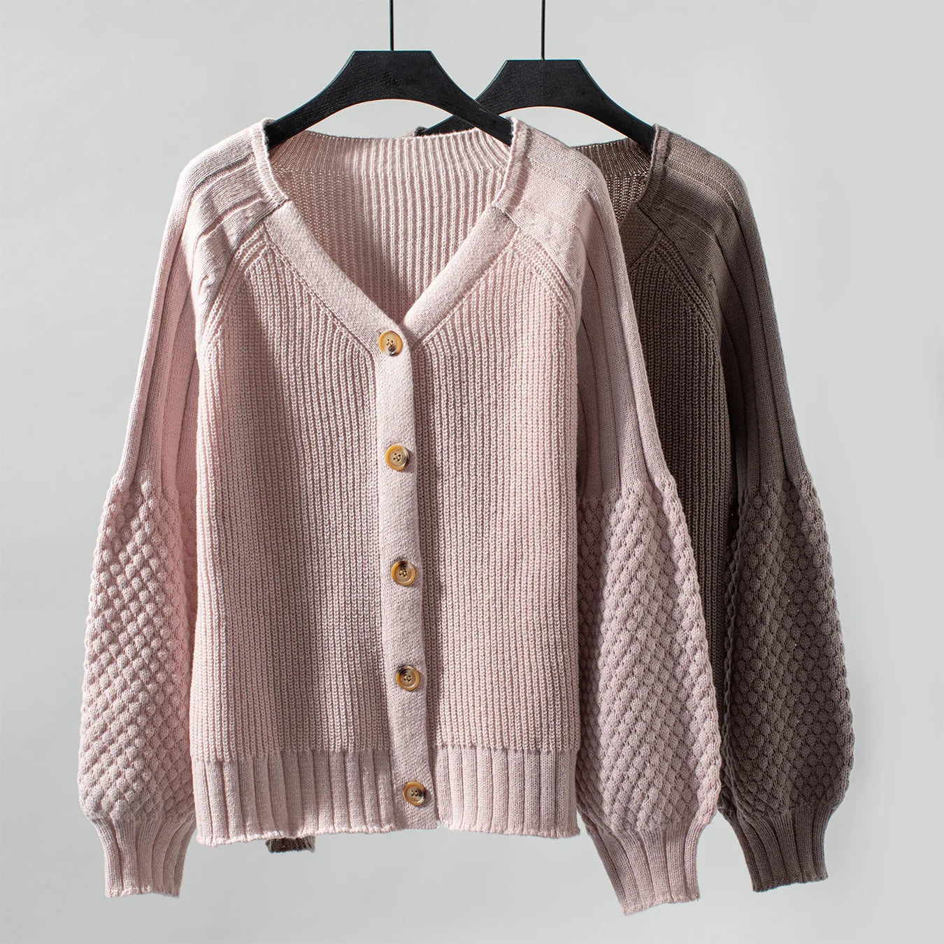Solid Color Button Knit Cardigan Loose Lantern Sleeve Sweater Women
