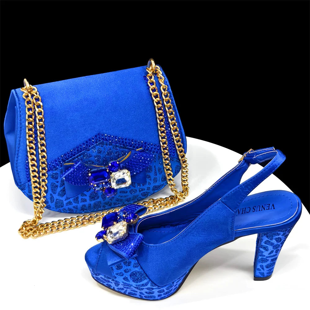 Venus Chan Shoes for Women High Heels INS Style Rhinestone Peep Toe Bow Gold Color New Italian Shoes and Bag for Party 2024