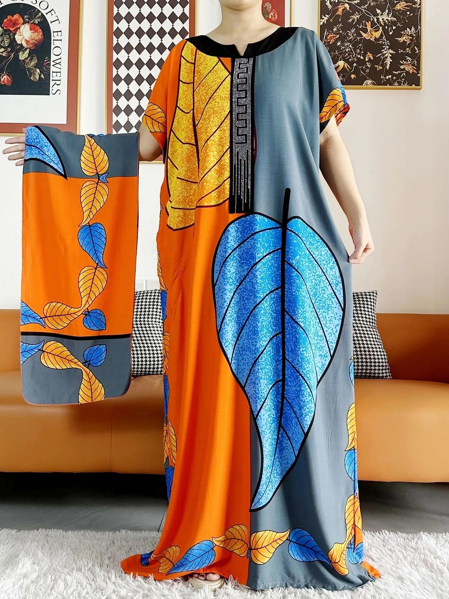 2023 African Dashiki Dress Kaftan Abaya Cotton Boat-neck Floral Dress Printed Short Sleeve Loose Women Casual Dress with Scarf