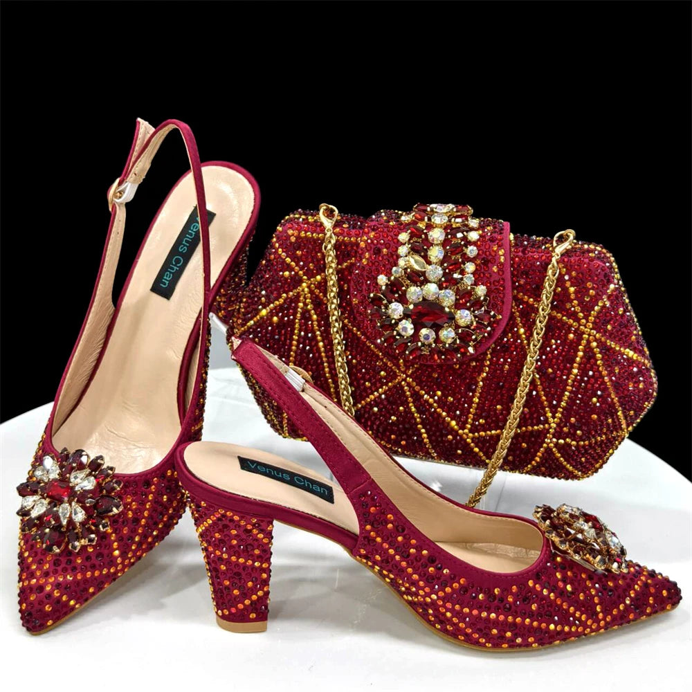Venus Chan Elegant Pointed-Toe Heeled Sandals Shoes 2024 Woman High Heels Rhinestone New Italian Shoes and Bag for Party
