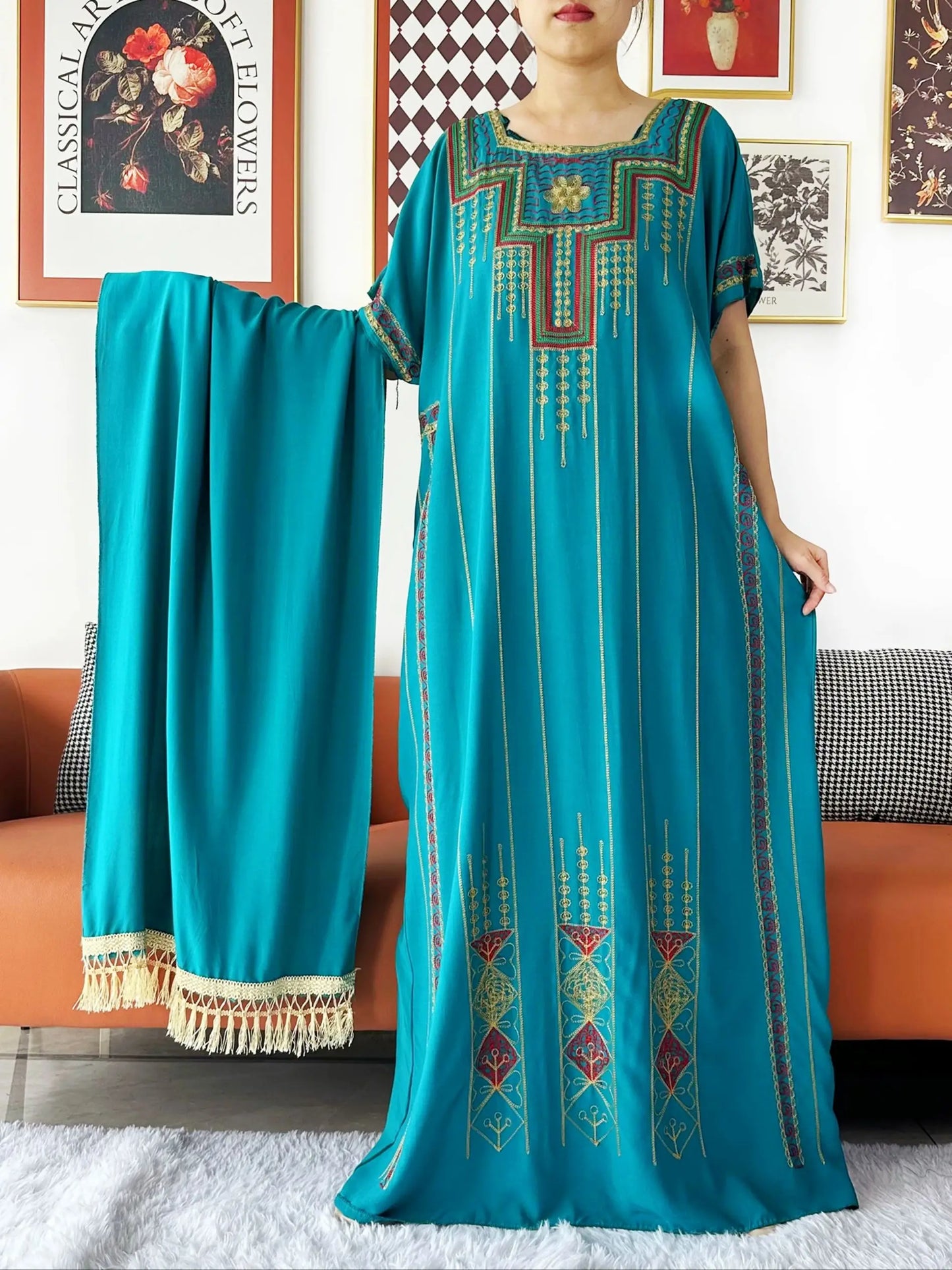 2024 New Dashiki Women Short Sleeve Floral Dress Lace Embroidered Floral Boubou Maxi Islam Women Dress African Abaya Clothes