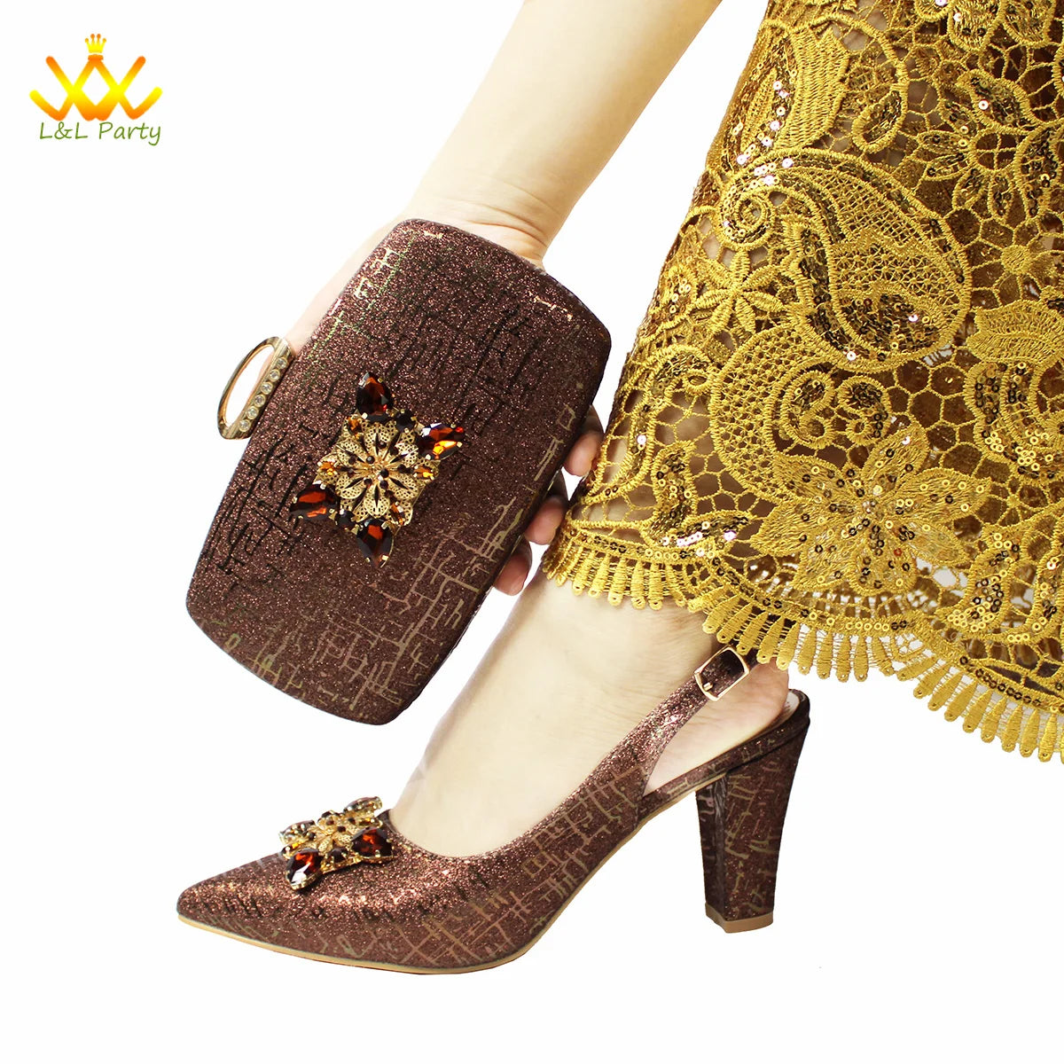 2024 New Arrivals Italian Ladies Shoes and bag Set High Quality Orange Color Pumps with Shinning Crystal for Wedding Party