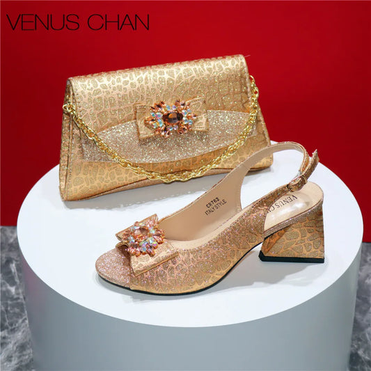 High Quality Blue Color 2024 New Design African Women Shoes and Bag Set Peep Toe with Shinning Crystal for Wedding Party