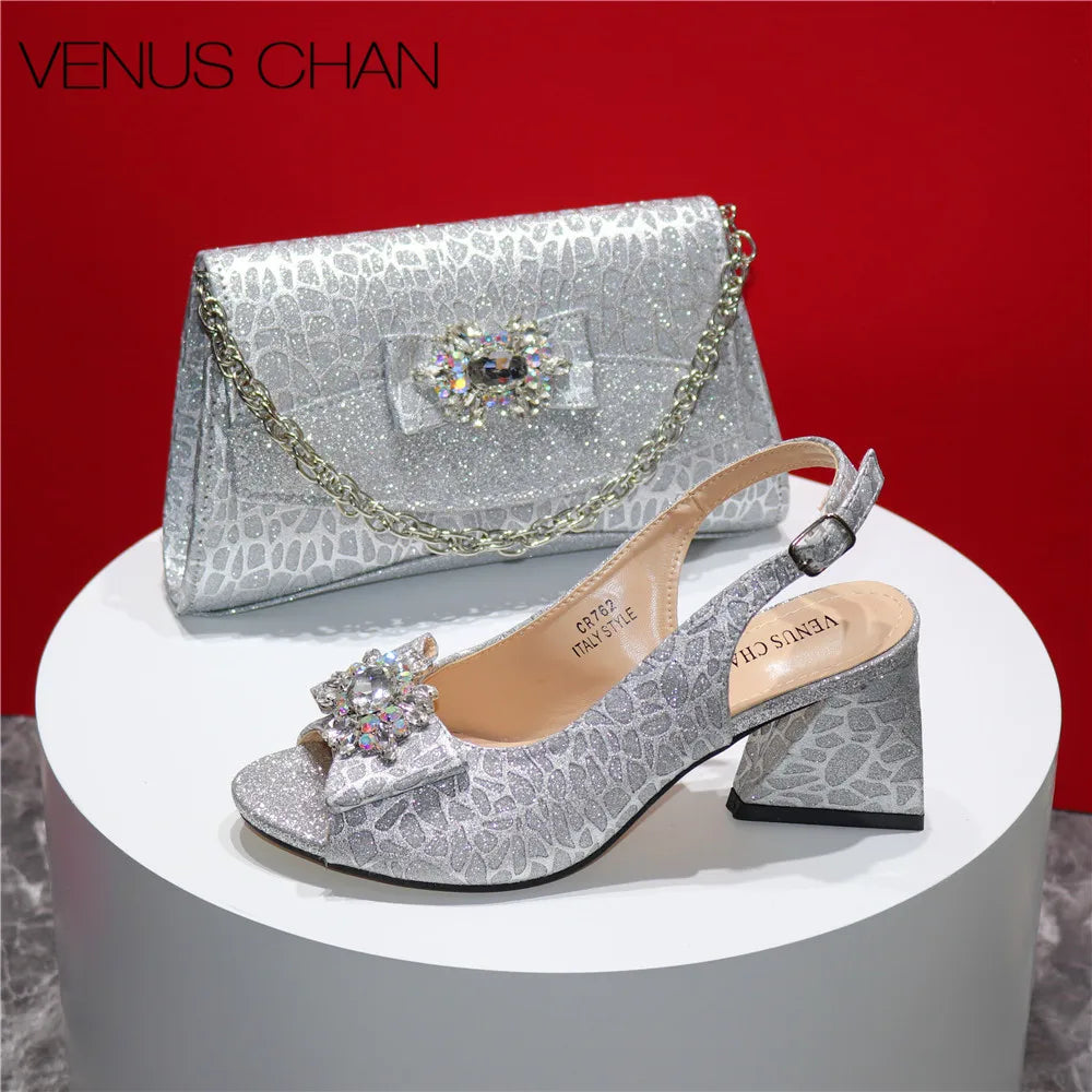 High Quality Blue Color 2024 New Design African Women Shoes and Bag Set Peep Toe with Shinning Crystal for Wedding Party