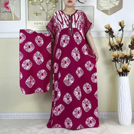 2024Latest African Abaya Women Dashiki Summer Short Sleeve Dubai Fashion Printed Cotton Robe Muslim Femme Loose Dress With Scarf