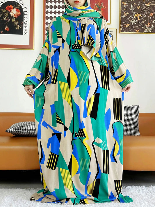 2025 Muslim Rayon Abayas For Women Ramadan Prayer Dubai Turkey Middle East Femme Robe Floral Loose African Dress Turban Joint
