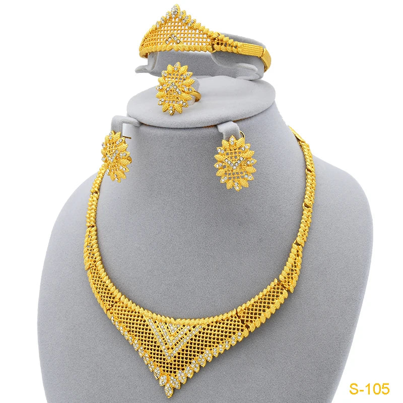 XUHUANG Luxury Crystal Gold Color Necklace Sets For Women Wedding Dubai African Jewelry Set Indian Jewellery Anniversary Gifts