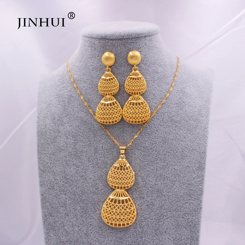 gold color wedding jewelry sets for women African/indian bridal party gifts necklace pendant earrings jewelery jewellery set