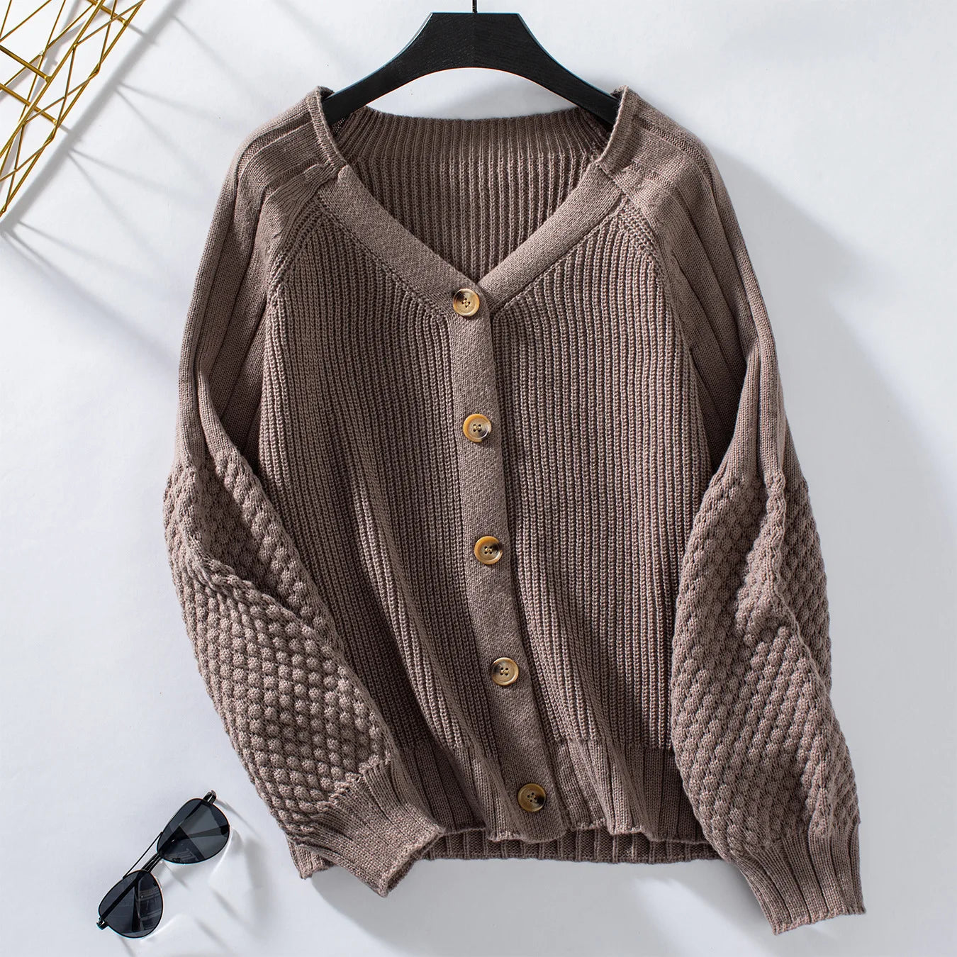 Solid Color Button Knit Cardigan Loose Lantern Sleeve Sweater Women