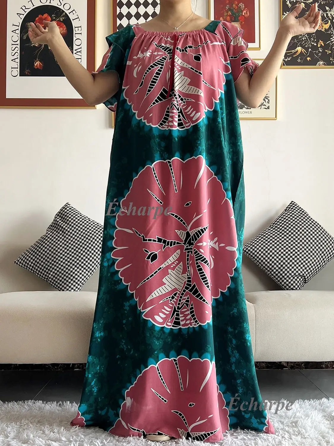 2023 African Dashiki Dress Kaftan Abaya Cotton Boat-neck Floral Dress Printed Short Sleeve Loose Women Casual Dress with Scarf