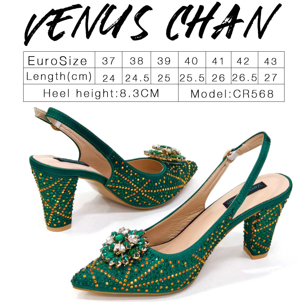 Venus Chan Elegant Pointed-Toe Heeled Sandals Shoes 2024 Woman High Heels Rhinestone New Italian Shoes and Bag for Party