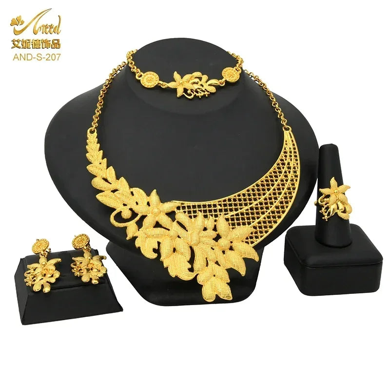 Luxury Nigerian Jewelry Set Wedding For Women Dubai 24K Gold Color Jewelery African Charm Designer Earrings Bridal Necklace