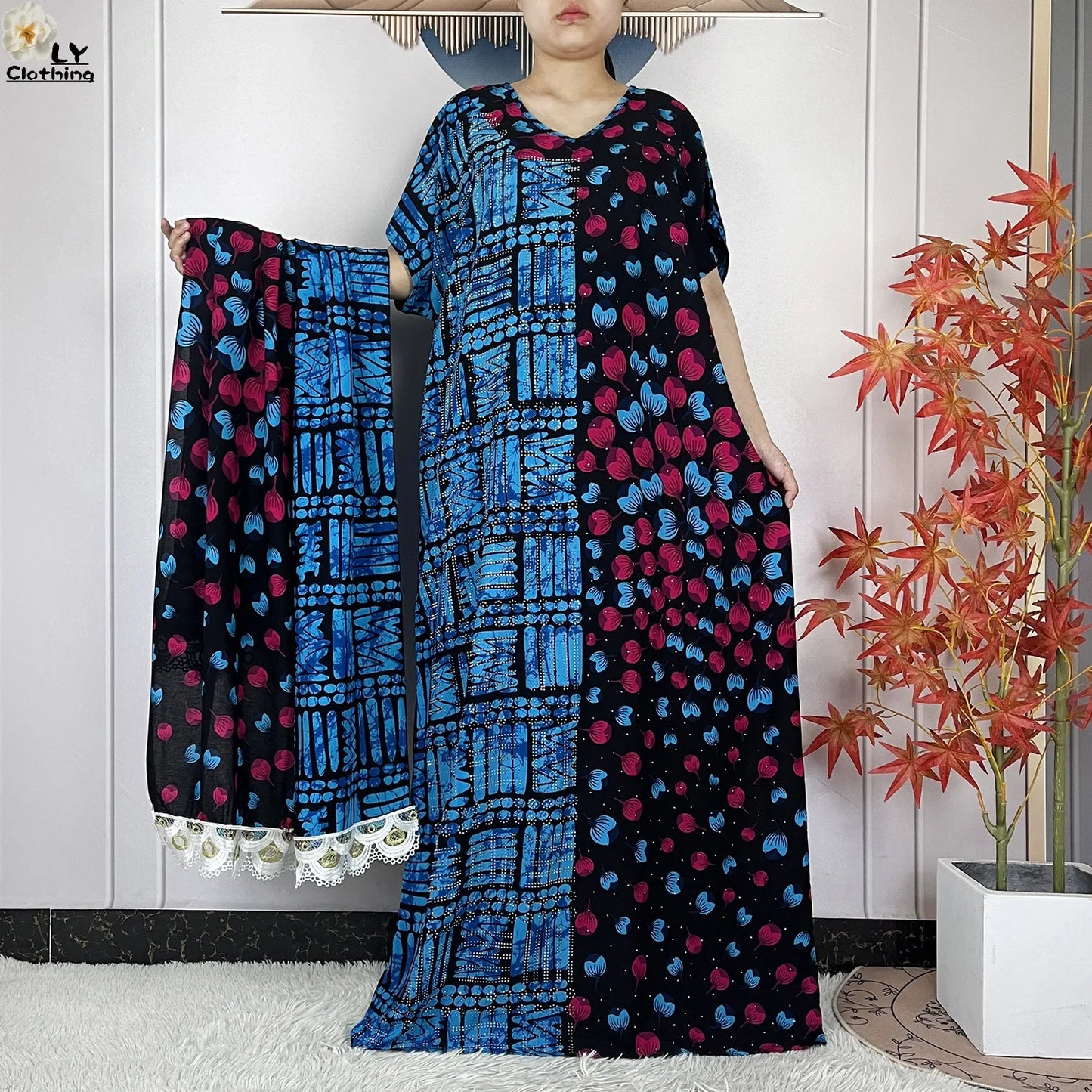 2024 Latest Muslim Sets Women Clothing Cotton Floral Loose Dashiki Long Dress African Abaya Dubai Traditional Islamic Clothing