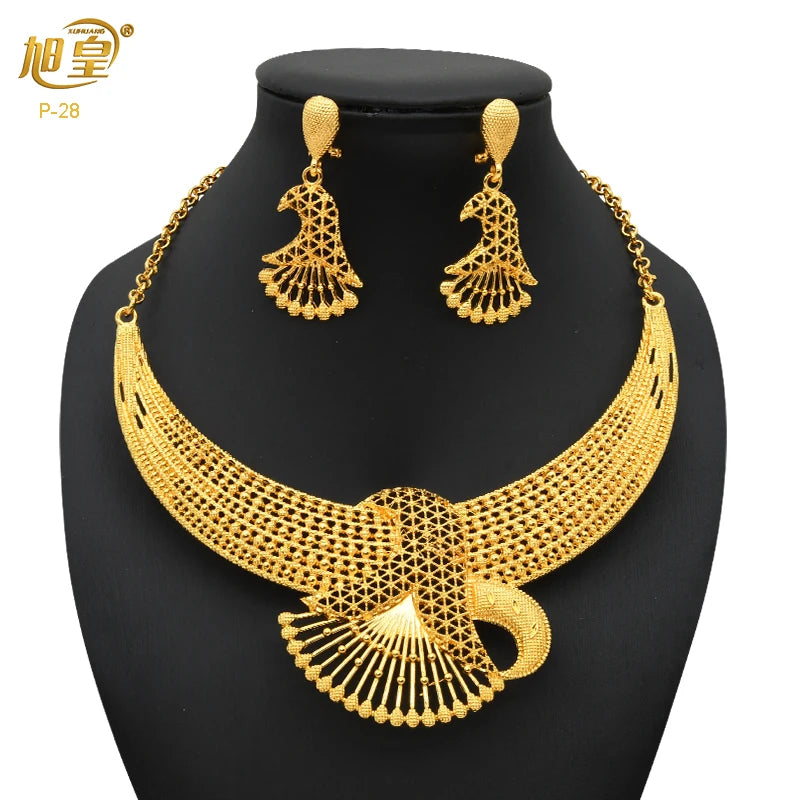 XUHUANG Luxury Crystal Gold Color Necklace Sets For Women Wedding Dubai African Jewelry Set Indian Jewellery Anniversary Gifts