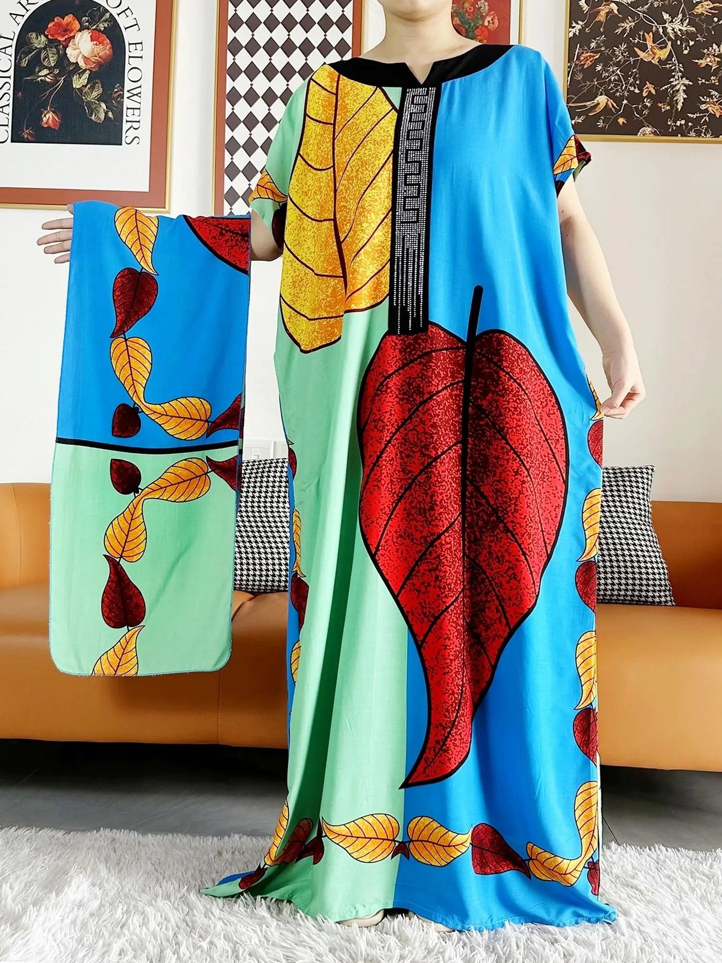 2023 African Dashiki Dress Kaftan Abaya Cotton Boat-neck Floral Dress Printed Short Sleeve Loose Women Casual Dress with Scarf