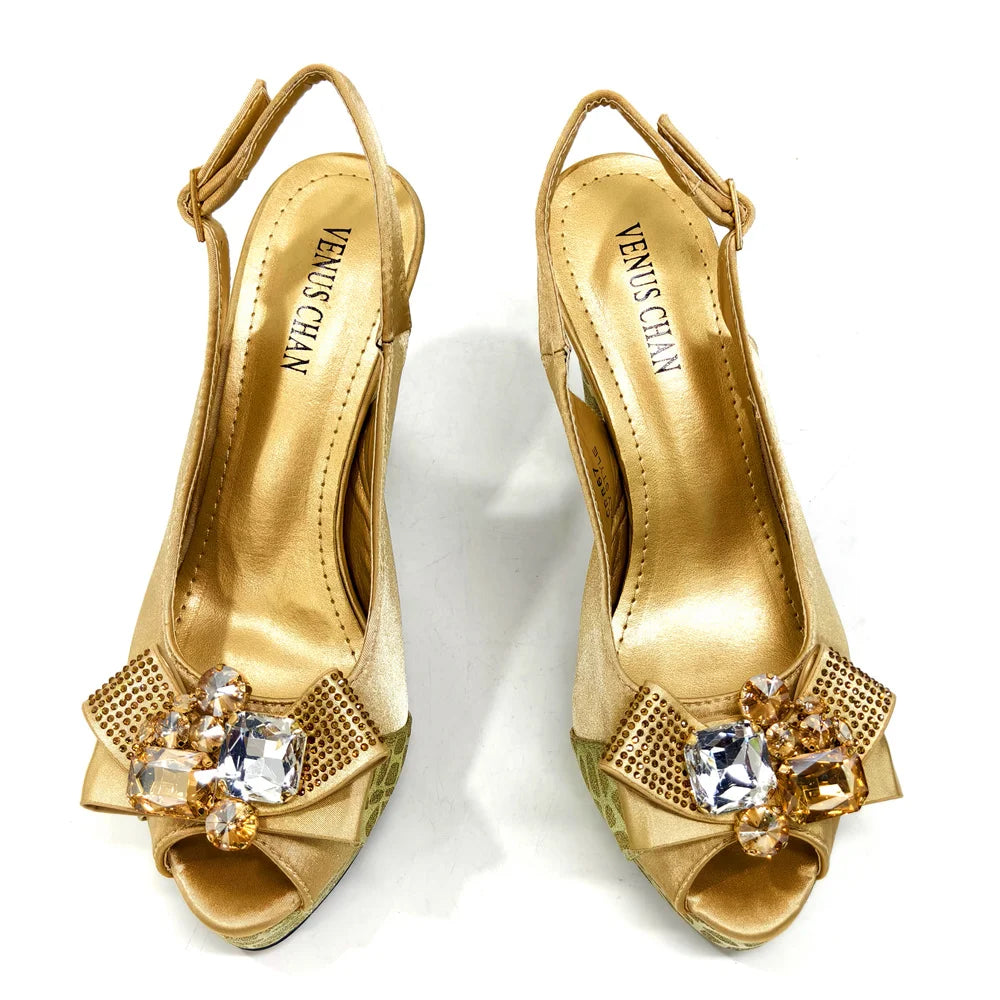 Venus Chan Shoes for Women High Heels INS Style Rhinestone Peep Toe Bow Gold Color New Italian Shoes and Bag for Party 2024