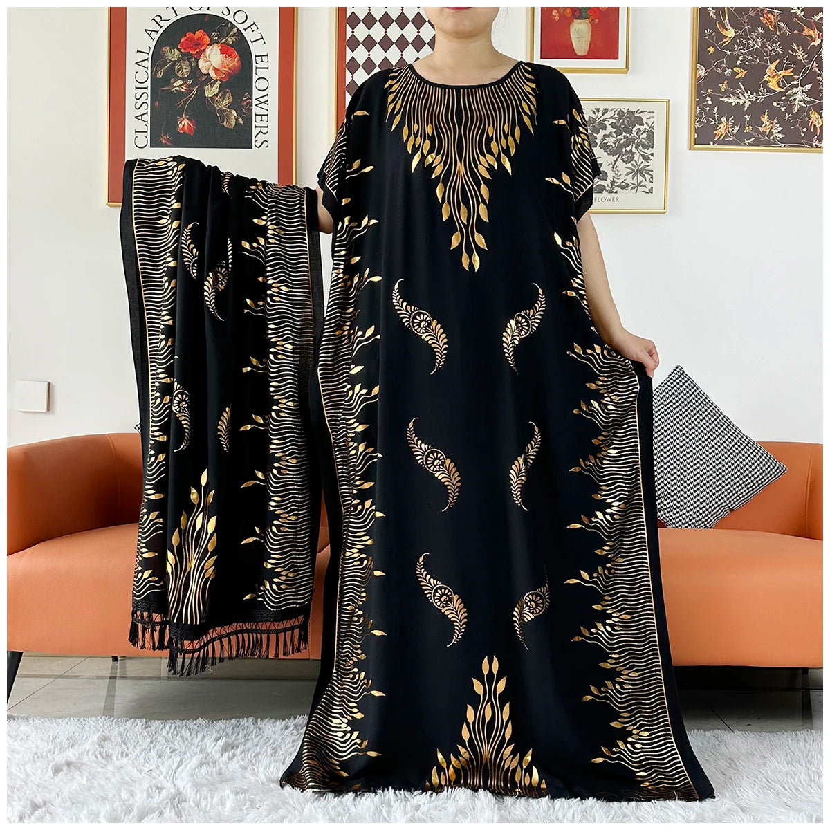 Muslim Abayas For Women Dubai Stretch Print Hot Stamping Loose Fit Elegant Dresses Caftan Marocain Femme Robe With Headscarf