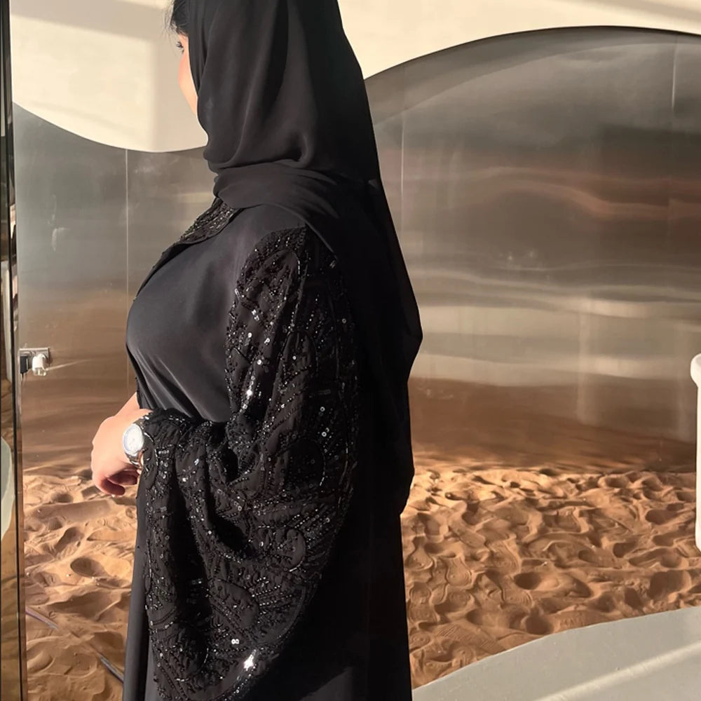 2025 Ramadan Black Open Include Hijab Turban Abaya Dubai Luxury Islamic Clothing Muslim Dress Black Beaded Dubai Abaya For Women