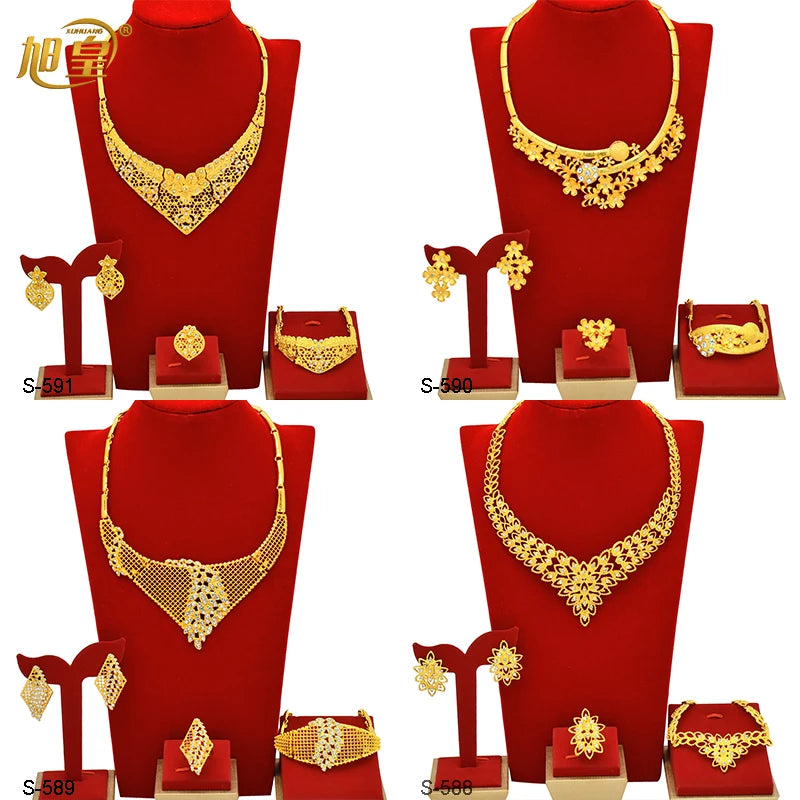 Dubai Luxurious Gold Color Jewelry Set Leaf Necklaces For Women Bride Earrings Rings Indian Nigerian Wedding Jewelery Set Gifts