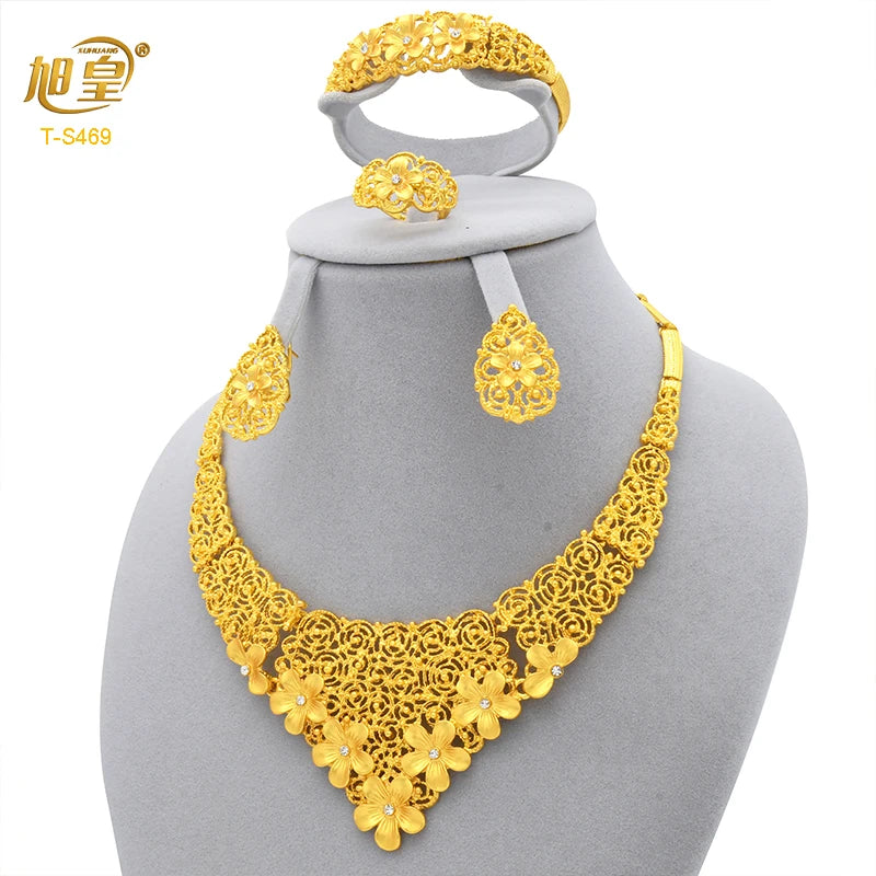 XUHUANG Luxury Crystal Gold Color Necklace Sets For Women Wedding Dubai African Jewelry Set Indian Jewellery Anniversary Gifts