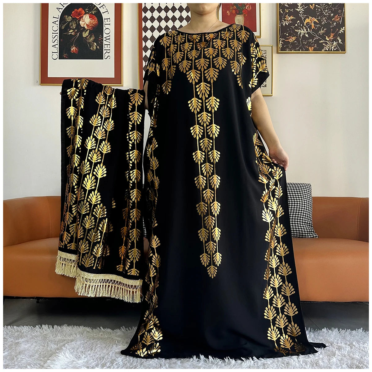 Muslim Abayas For Women Dubai Stretch Print Hot Stamping Loose Fit Elegant Dresses Caftan Marocain Femme Robe With Headscarf