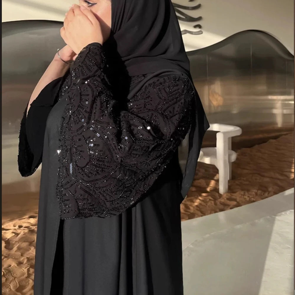 2025 Ramadan Black Open Include Hijab Turban Abaya Dubai Luxury Islamic Clothing Muslim Dress Black Beaded Dubai Abaya For Women