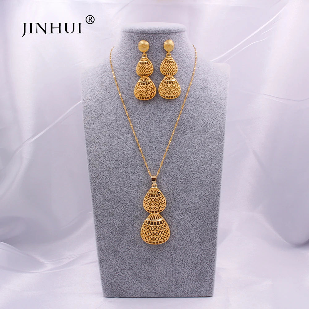 gold color wedding jewelry sets for women African/indian bridal party gifts necklace pendant earrings jewelery jewellery set