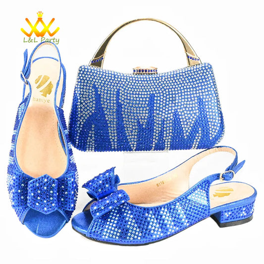 Low Heels Fashion 2024 Spring Summer New Design Nigerian Women Shoes and Bag Set in Gold Color Italian Women Design For Wedding