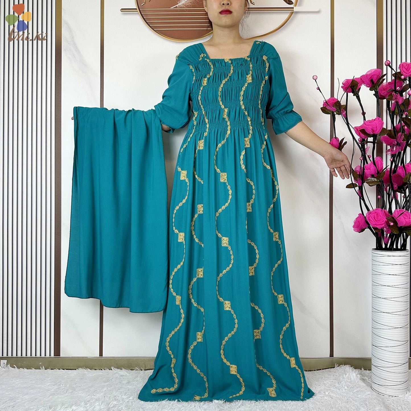 Muslim Fashion Women Party Clothing Cotton Half Sleeve Elastic Waist Dress Boubou Maxi African Abaya Dress Islamic Women Dress