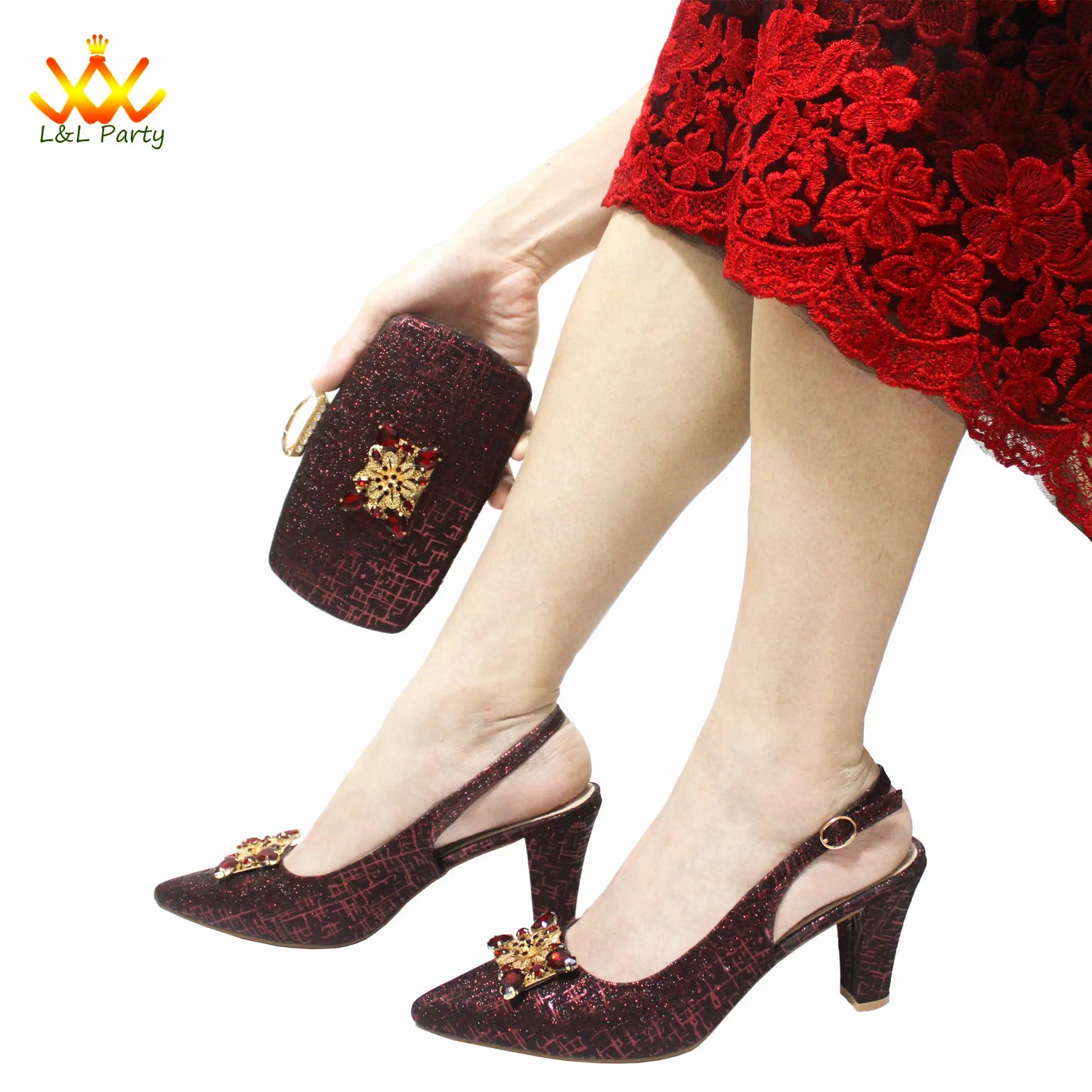 2024 New Arrivals Italian Ladies Shoes and bag Set High Quality Orange Color Pumps with Shinning Crystal for Wedding Party