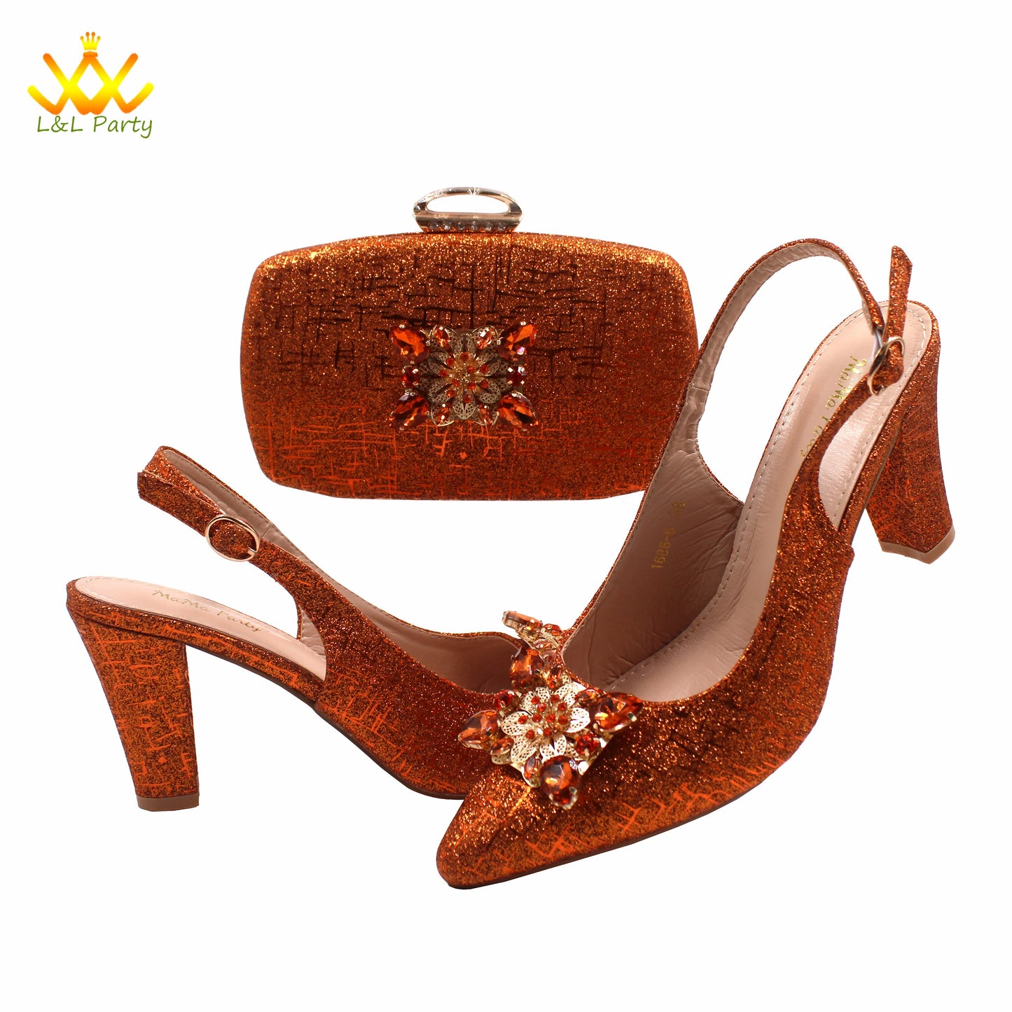 2024 New Arrivals Italian Ladies Shoes and bag Set High Quality Orange Color Pumps with Shinning Crystal for Wedding Party