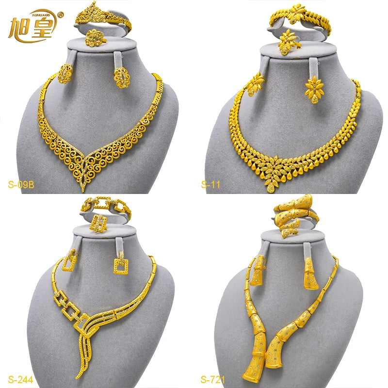 XUHUANG Luxury Crystal Gold Color Necklace Sets For Women Wedding Dubai African Jewelry Set Indian Jewellery Anniversary Gifts