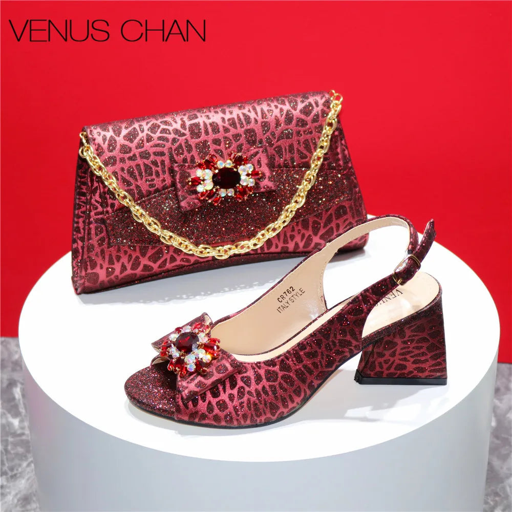 High Quality Blue Color 2024 New Design African Women Shoes and Bag Set Peep Toe with Shinning Crystal for Wedding Party