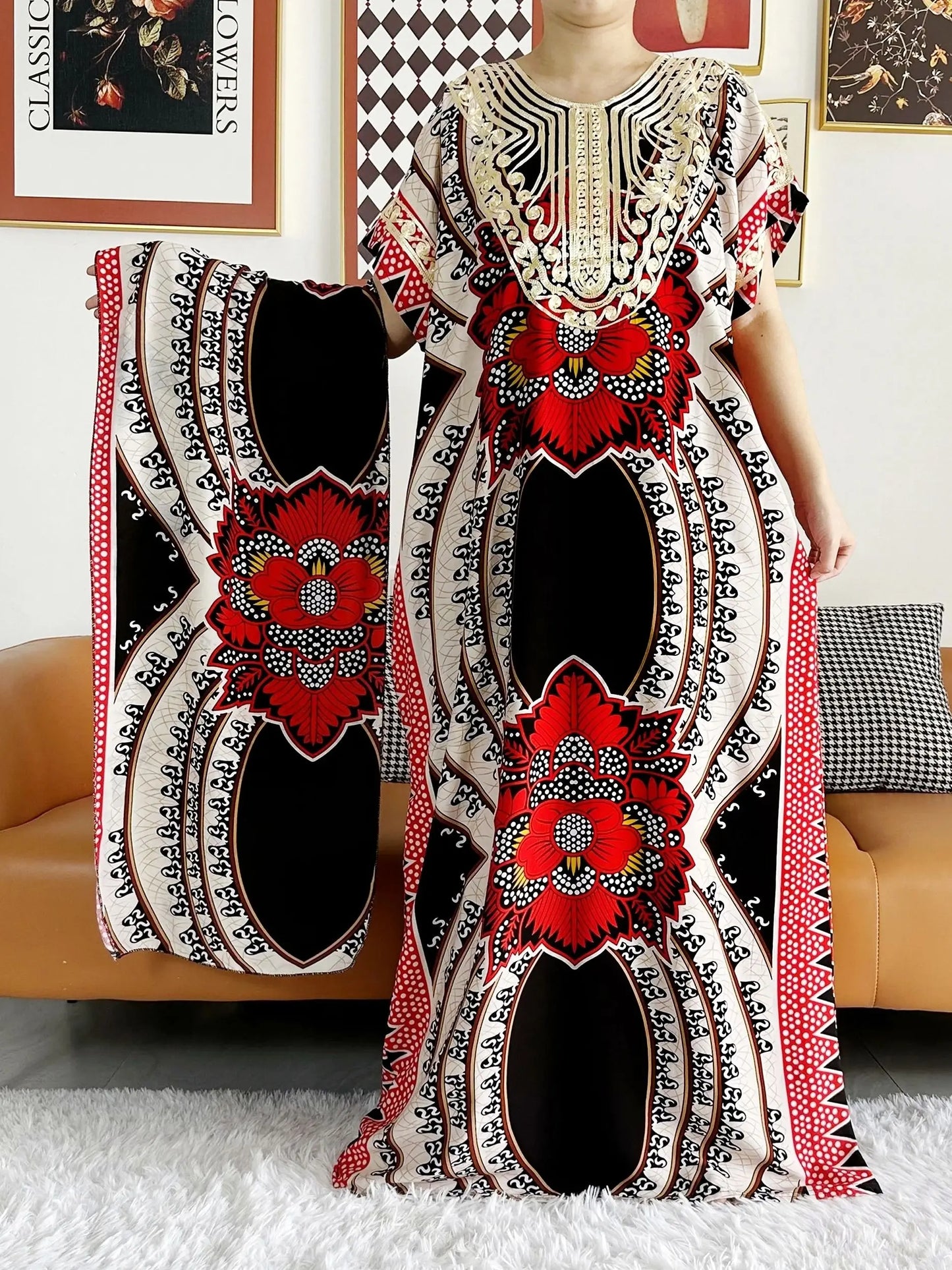 2023 African Dashiki Dress Kaftan Abaya Cotton Boat-neck Floral Dress Printed Short Sleeve Loose Women Casual Dress with Scarf