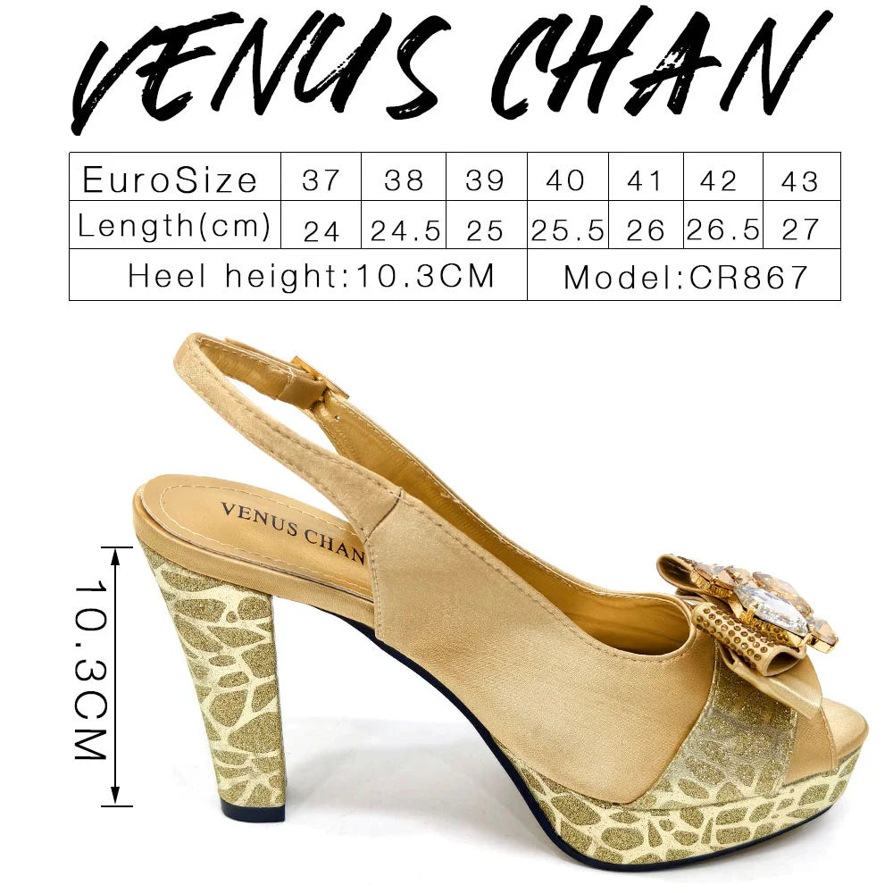 Venus Chan Shoes for Women High Heels INS Style Rhinestone Peep Toe Bow Gold Color New Italian Shoes and Bag for Party 2024