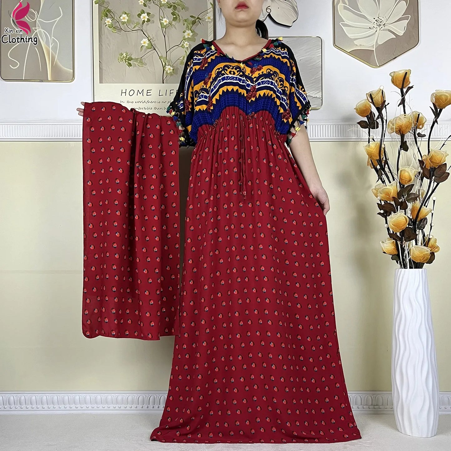 New African Women Dashiki Cotton Dress Fashion Printing Collect Waist Summer Short Sleeve Islam Boubou Maxi Woman Abaya Clothing