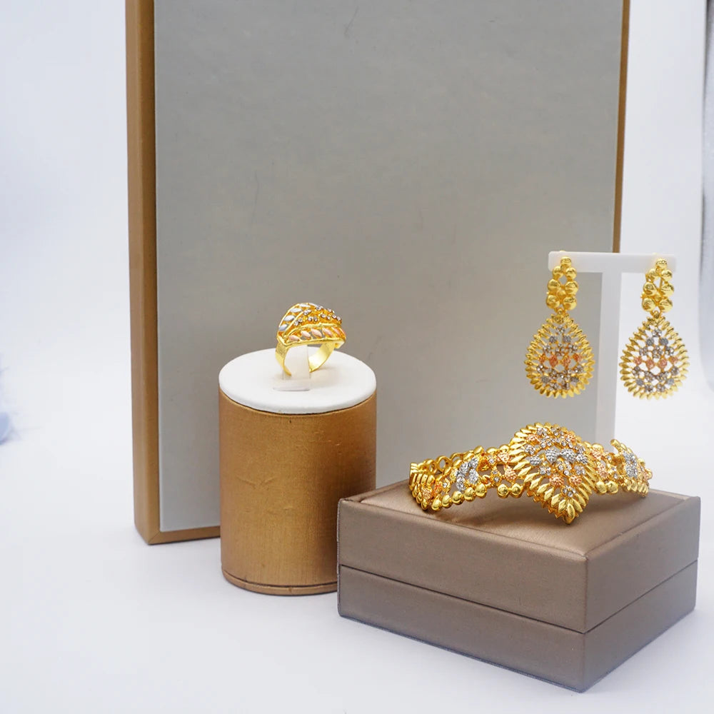 Dubai Gold Color Jewelry Sets For Women Dubai African Jewelry Set Bride Earrings Rings Nigerian Wedding Jewelery Set