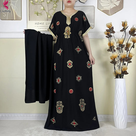 New African Women Dashiki Cotton Dress Fashion Printing Collect Waist Summer Short Sleeve Islam Boubou Maxi Woman Abaya Clothing