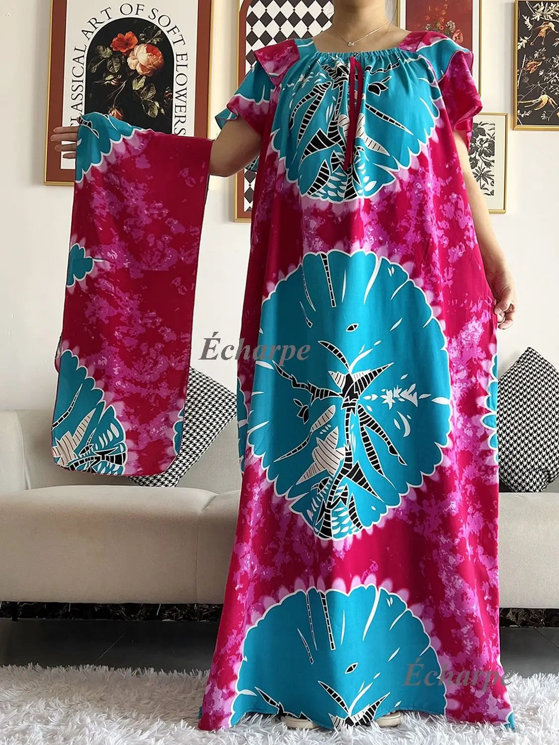2023 African Dashiki Dress Kaftan Abaya Cotton Boat-neck Floral Dress Printed Short Sleeve Loose Women Casual Dress with Scarf