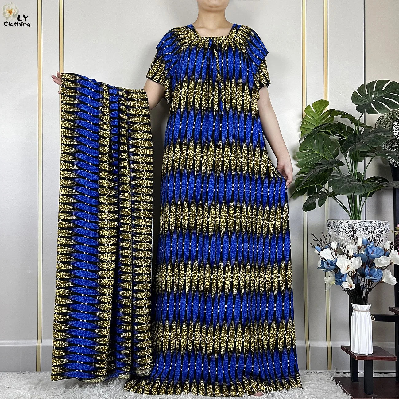 2024 New Muslim Dubai Fashion Women Cotton Dresse With Big Scarf For Women Maxi Summer Short Sleeve Loose African Abaya Clothing