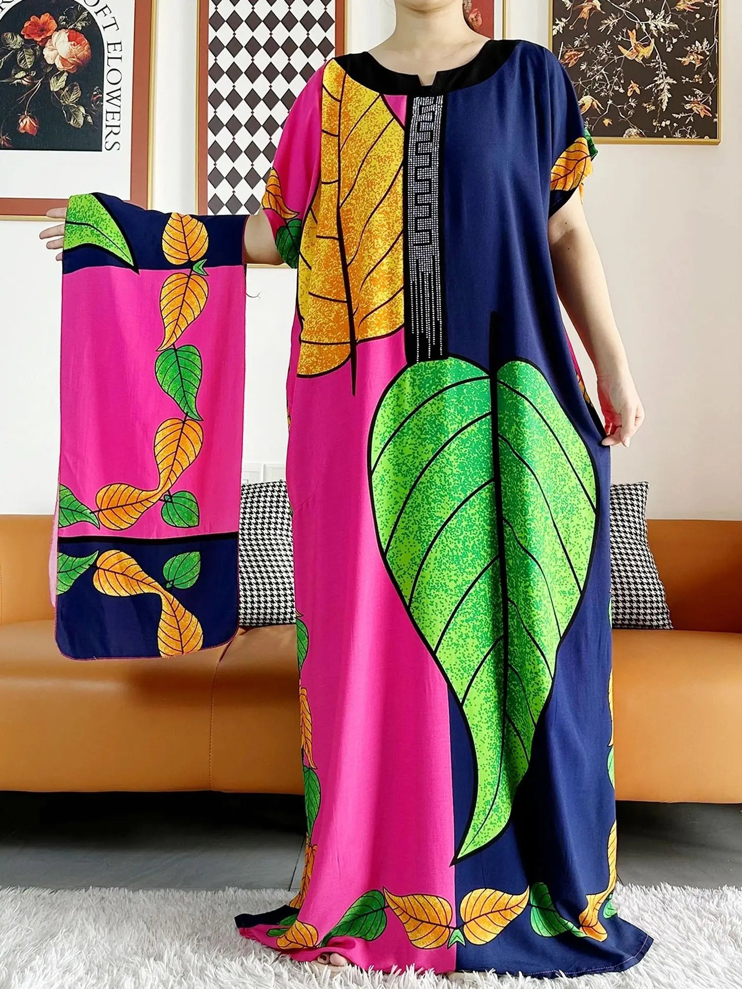 2023 African Dashiki Dress Kaftan Abaya Cotton Boat-neck Floral Dress Printed Short Sleeve Loose Women Casual Dress with Scarf