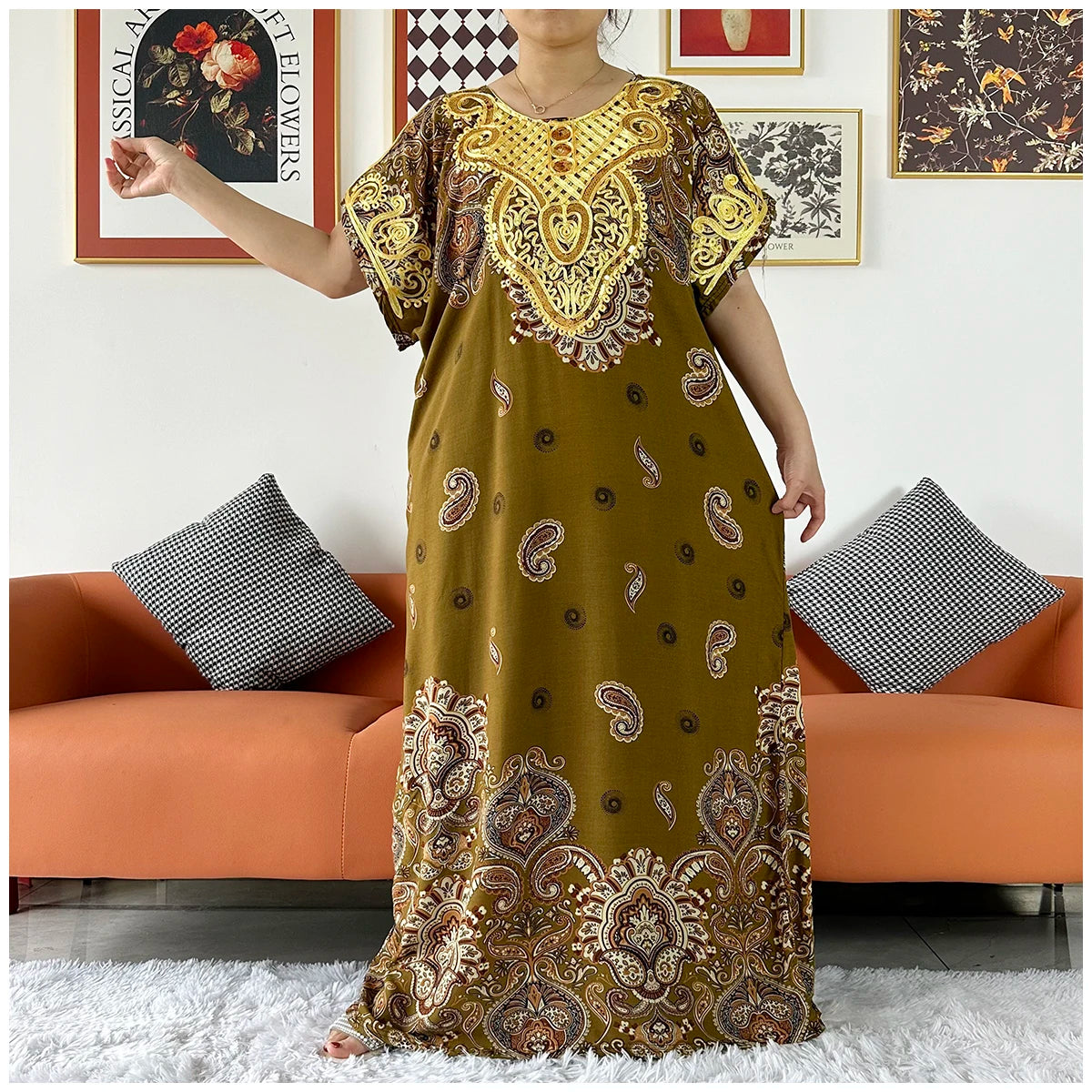 2 Pieces African Dashiki Floral Printing Loose Cotton Caftan Lady Summer Maxi Casual Dresses With Scarf Vestidos Short Sleeve