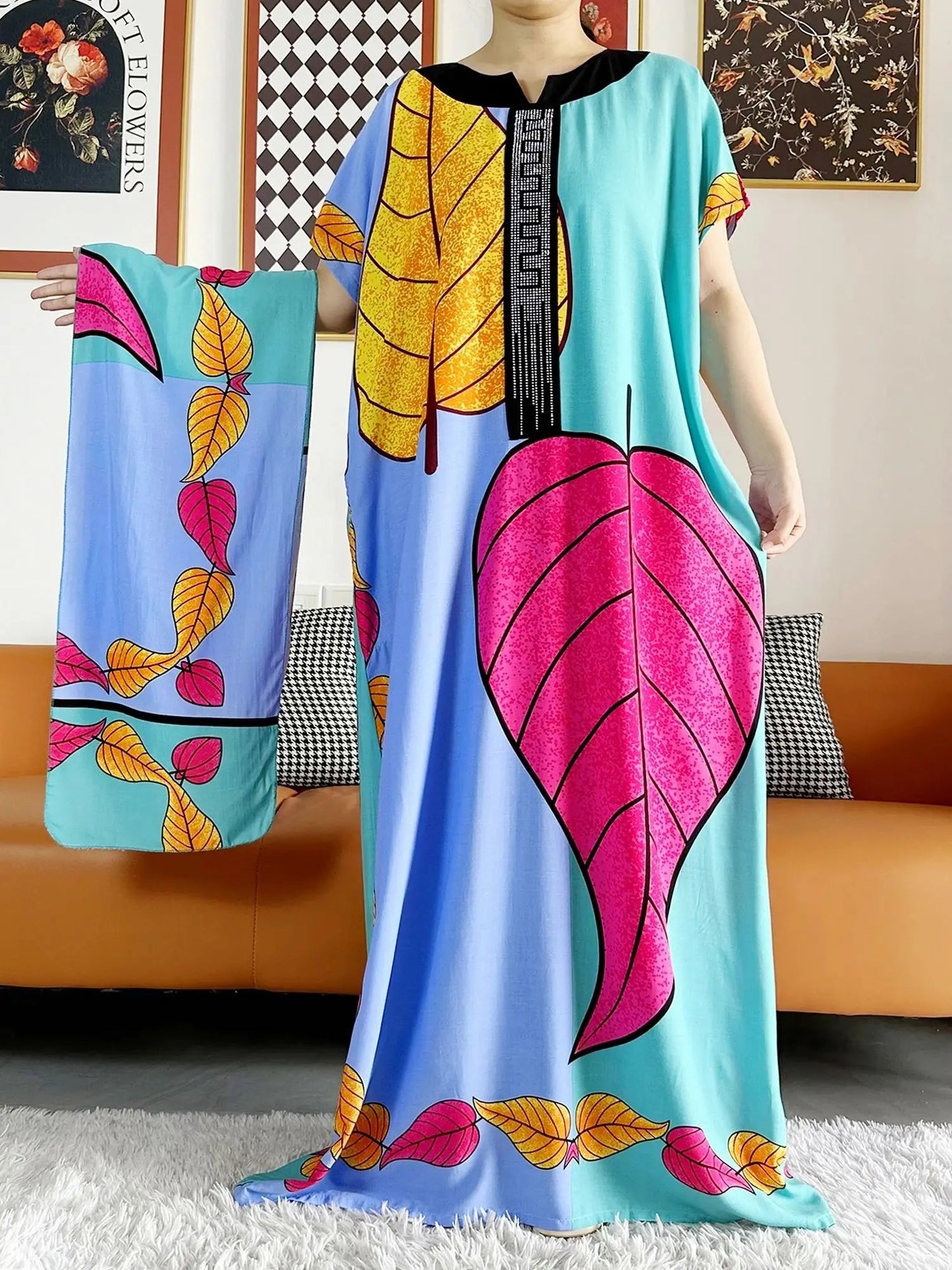 2023 African Dashiki Dress Kaftan Abaya Cotton Boat-neck Floral Dress Printed Short Sleeve Loose Women Casual Dress with Scarf