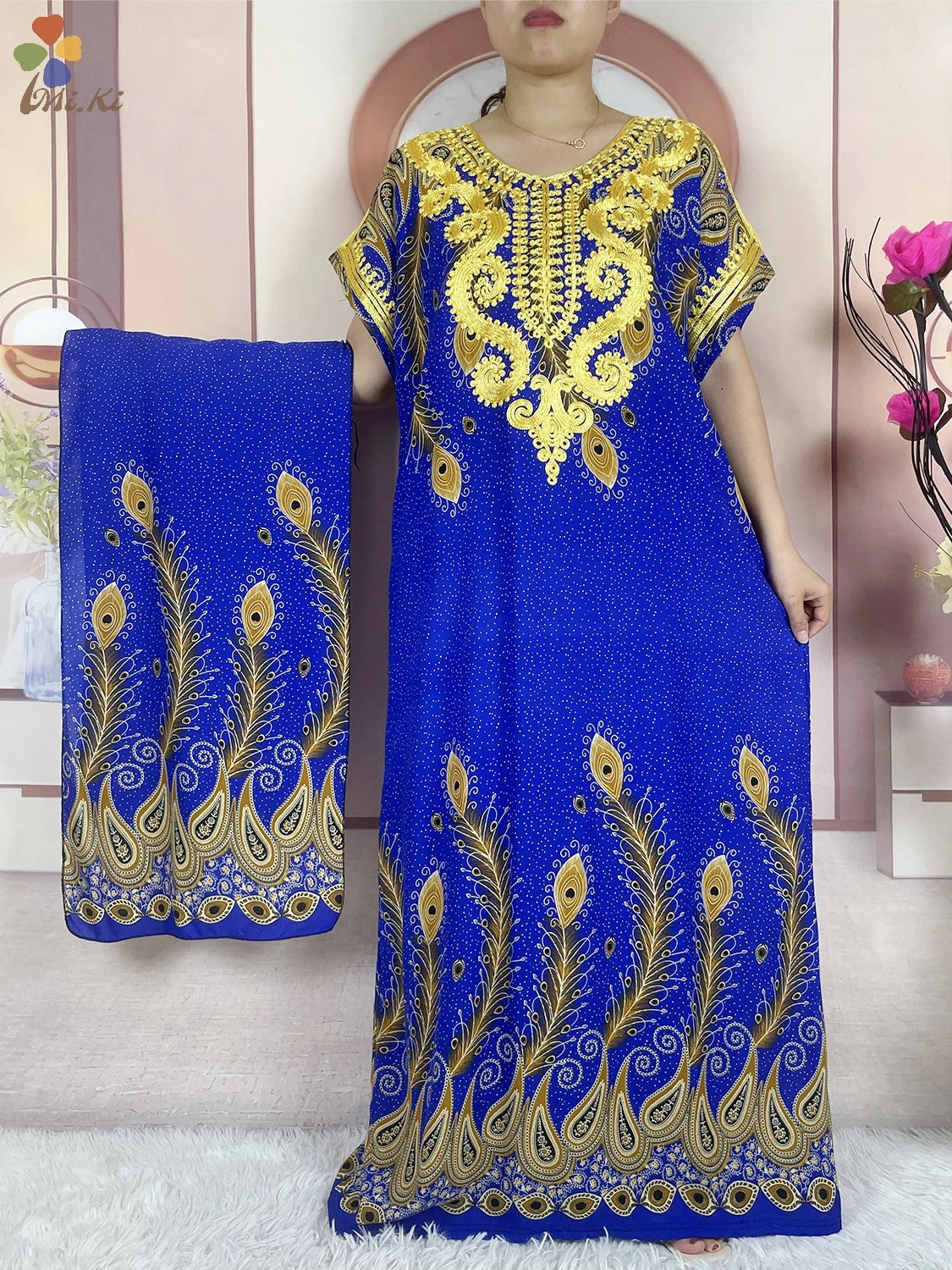 High Quality African Abaya Lady Party Dress Cotton Embroidery Printed Loose Floral Boubou Maxi Islam Women Short Sleeve Clothing