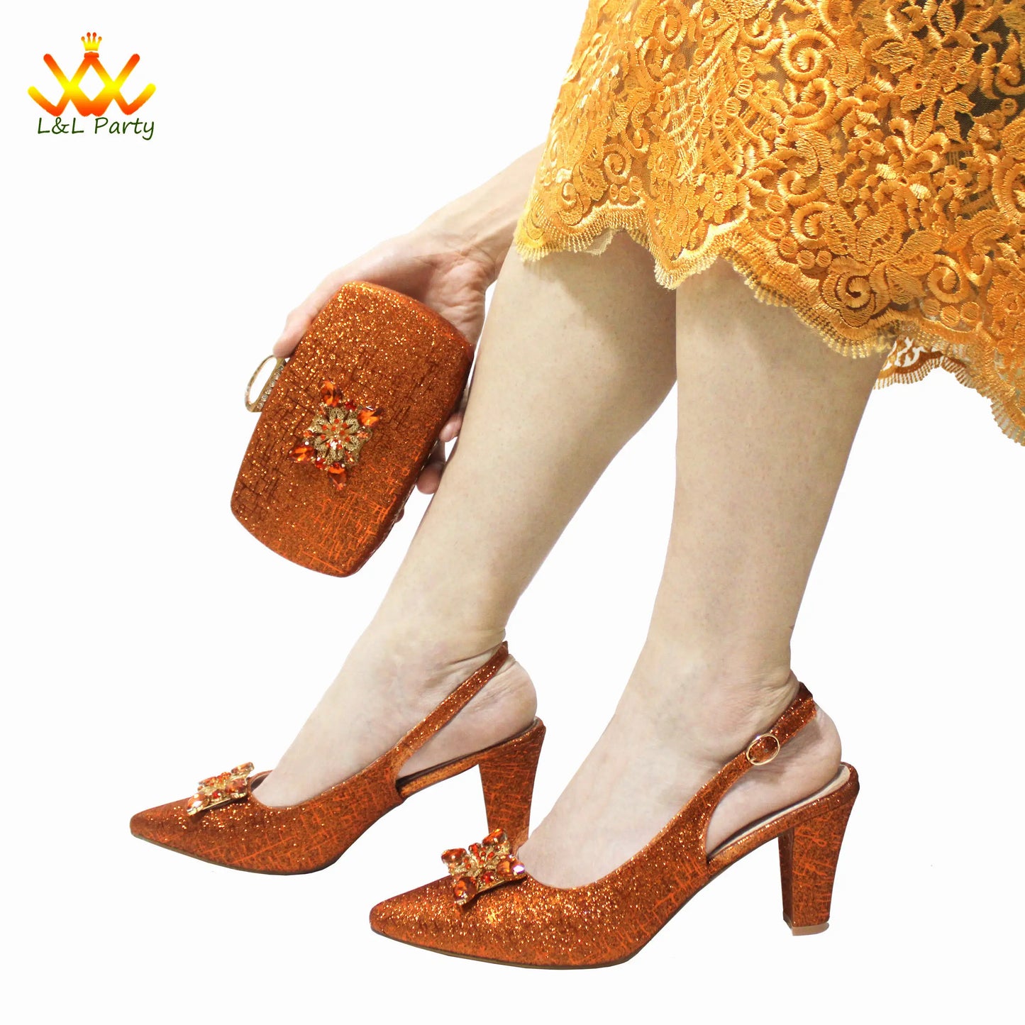 2024 New Arrivals Italian Ladies Shoes and bag Set High Quality Orange Color Pumps with Shinning Crystal for Wedding Party
