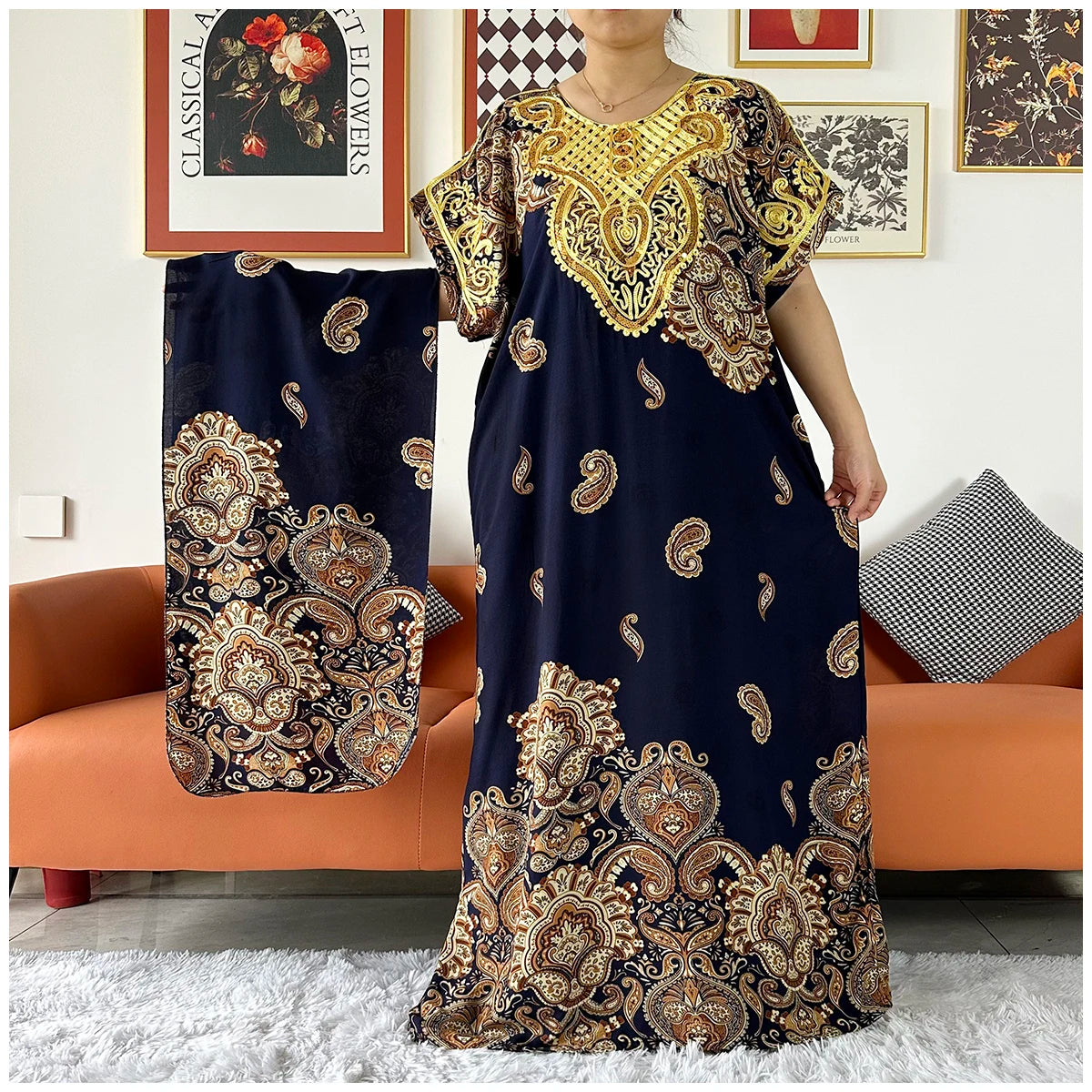 2 Pieces African Dashiki Floral Printing Loose Cotton Caftan Lady Summer Maxi Casual Dresses With Scarf Vestidos Short Sleeve