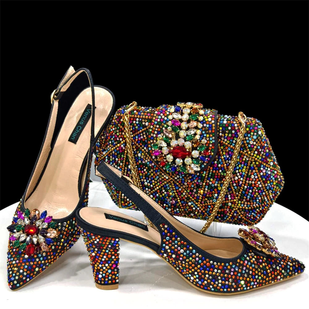 Venus Chan Elegant Pointed-Toe Heeled Sandals Shoes 2024 Woman High Heels Rhinestone New Italian Shoes and Bag for Party