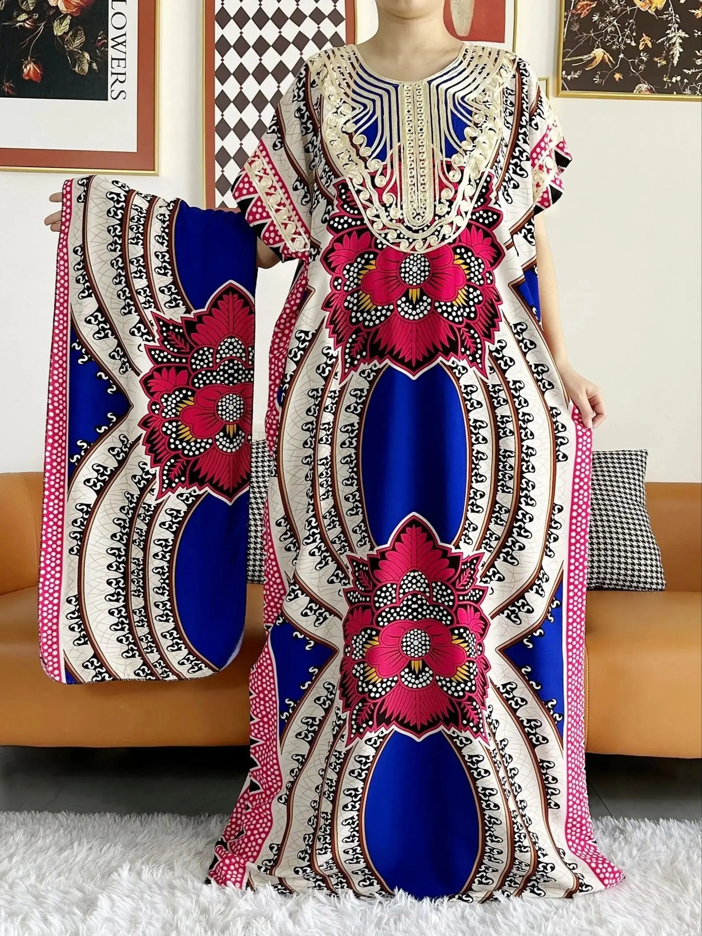 2023 African Dashiki Dress Kaftan Abaya Cotton Boat-neck Floral Dress Printed Short Sleeve Loose Women Casual Dress with Scarf