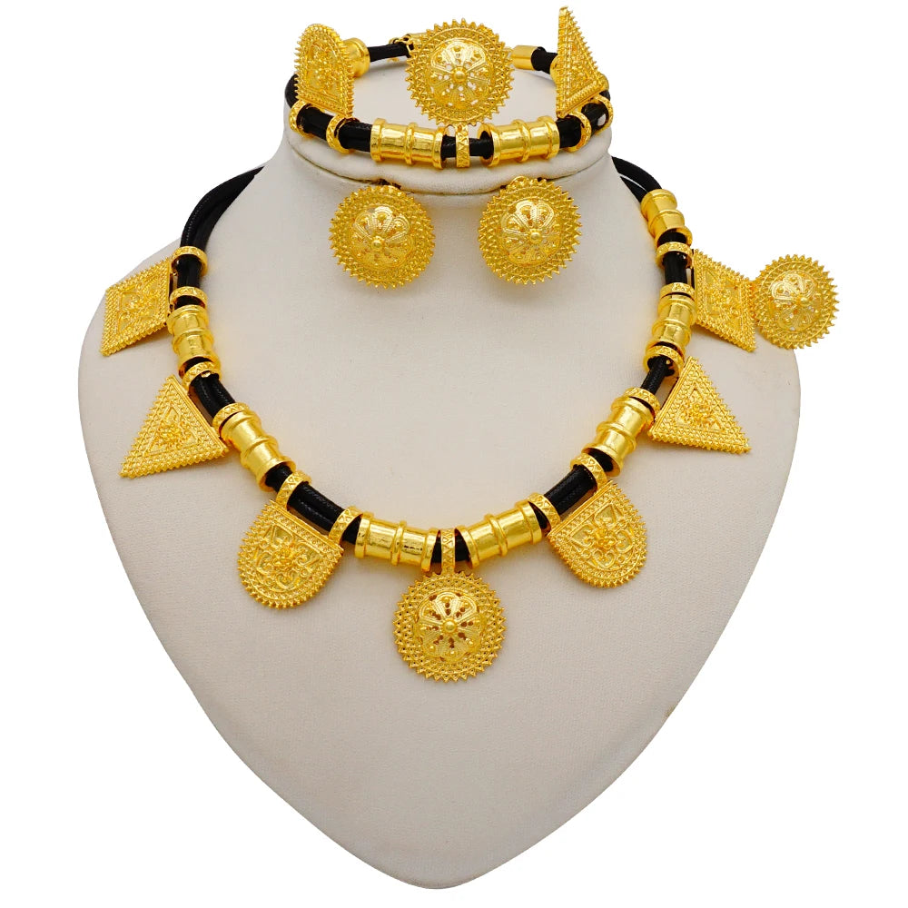 GDJWRI Africa Luxury Charm Necklace Jewellery Women for Lady Indian Bridal Nigeria 24k Gold Plated Jewelry Set Party Gifts